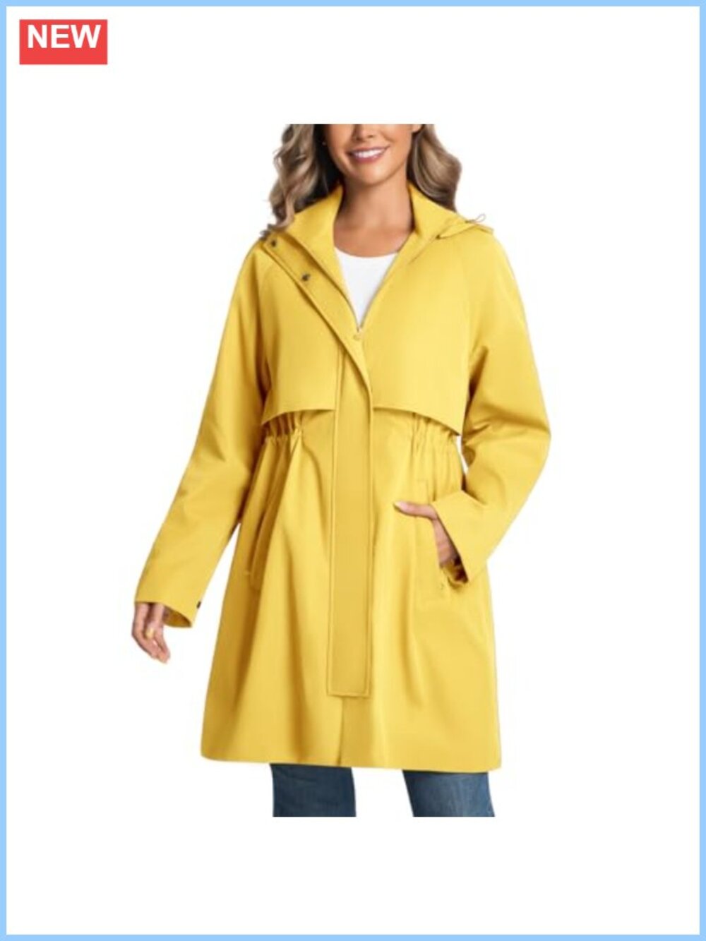 Water Resistant Trench Coat with Detachable Hood Drawstring Waist